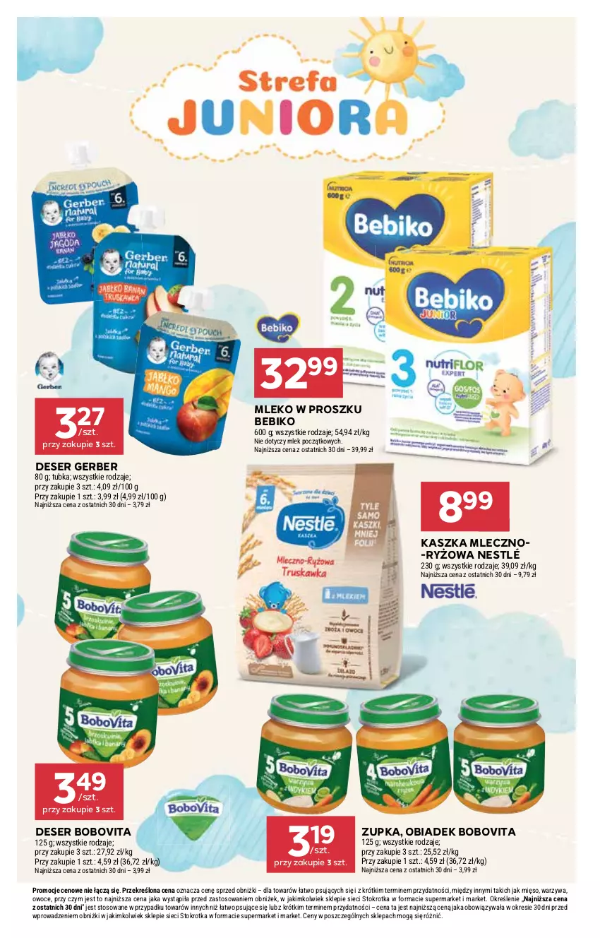 Gazetka promocyjna Stokrotka - Supermarket - ważna 13.08 do 20.08.2025 - strona 36 - produkty: Bebiko, BoboVita, Deser, Gerber, Mięso, Mleko, Mleko w proszku, Nestlé, Owoce, Ryż, Ser, Warzywa