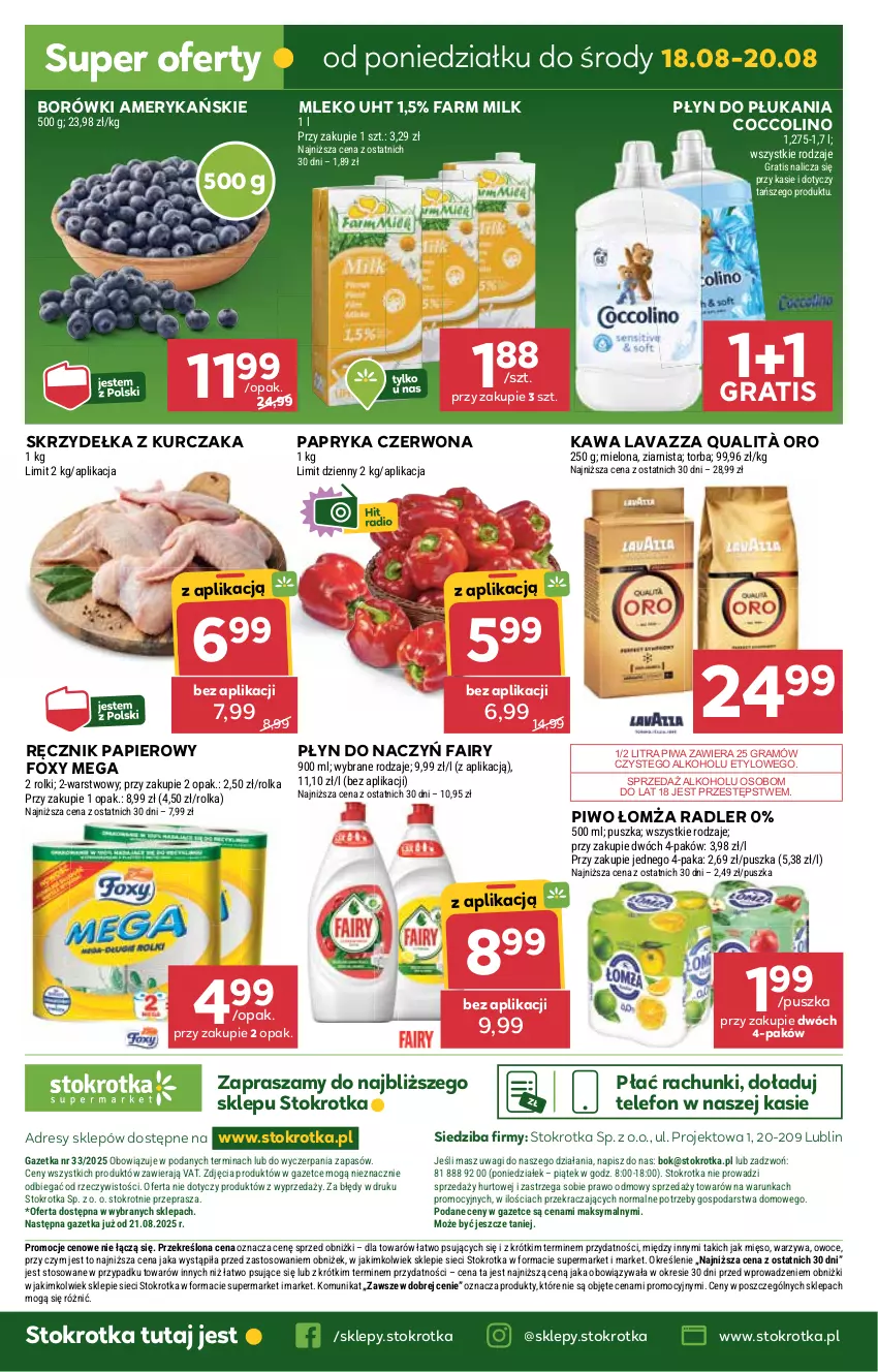 Gazetka promocyjna Stokrotka - Supermarket - ważna 13.08 do 20.08.2025 - strona 39 - produkty: Coccolino, Dres, Fa, Fairy, Farm Milk, Foxy, Gra, JBL, Kawa, Kurczak, Lavazza, Mięso, Mleko, O nas, Owoce, Papier, Papryka, Papryka czerwona, Piwa, Piwo, Płyn do płukania, Radler, Ręcznik, Rolki, Skrzydełka z kurczaka, Telefon, Torba, Wagi, Warzywa
