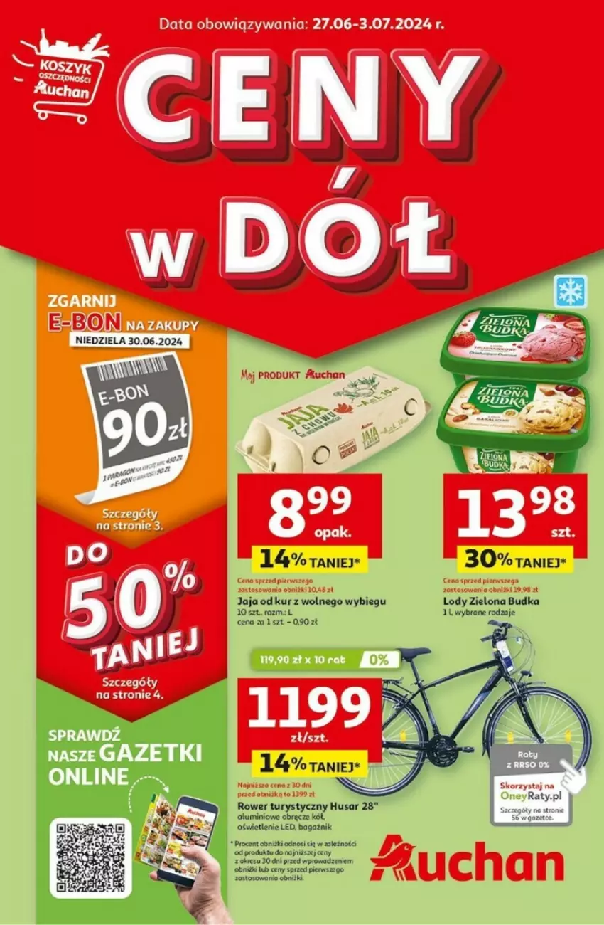 Gazetka promocyjna Auchan - ważna 27.06 do 03.07.2024 - strona 1 - produkty: Aronia, Fa, Jaja, Lody, Rower, Zielona Budka