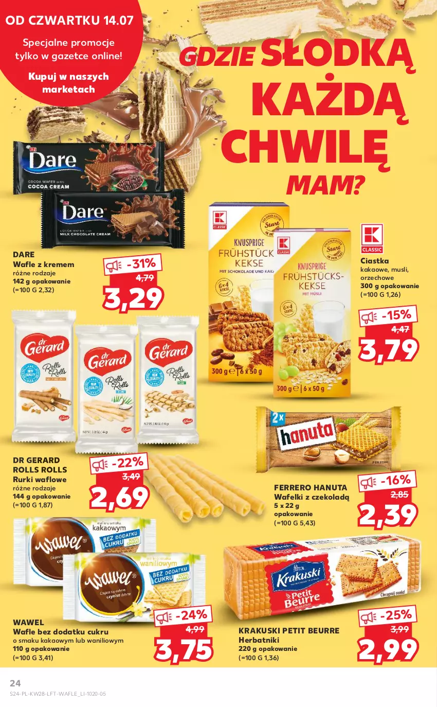 Gazetka promocyjna Kaufland - OFERTA TYGODNIA - ważna 14.07 do 20.07.2022 - strona 24 - produkty: Ciastka, Dr Gerard, Ferrero, Herbatniki, Kakao, Krakus, Krakuski, Mus, Rurki, Wafle, Wawel