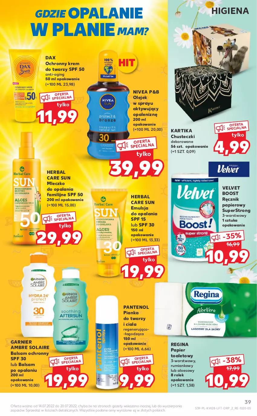 Gazetka promocyjna Kaufland - OFERTA TYGODNIA - ważna 14.07 do 20.07.2022 - strona 39 - produkty: Chusteczki, DAX, Emulsja, Fa, Garnier, Gin, Krem do twarzy, Mleczko, Nivea, Ochronny krem, Olej, Papier, Papier toaletowy, Ręcznik, Rum, Velvet