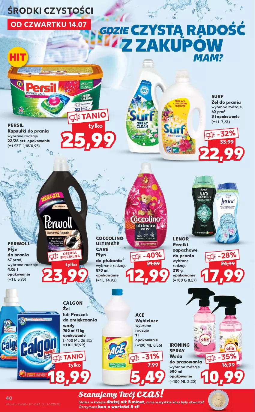 Gazetka promocyjna Kaufland - OFERTA TYGODNIA - ważna 14.07 do 20.07.2022 - strona 40 - produkty: Calgon, Coccolino, Kapsułki do prania, Lenor, LG, Olej, Perełki zapachowe, Persil, Perwoll, Płyn do płukania, Płyn do prania, Surf, Woda