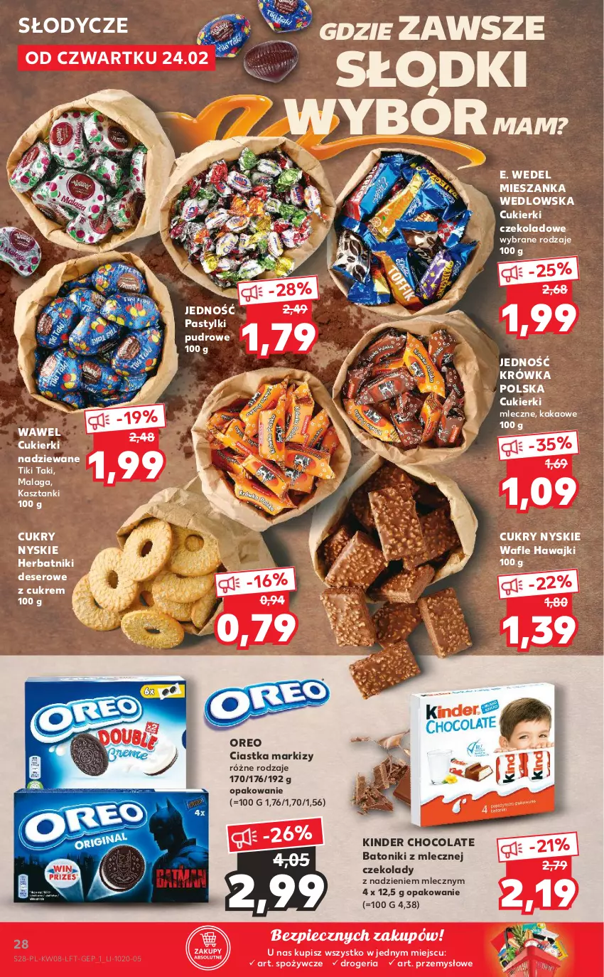 Gazetka promocyjna Kaufland - OFERTA TYGODNIA - ważna 24.02 do 02.03.2022 - strona 28 - produkty: Baton, Ciastka, Cukier, Cukierki, Cukierki czekoladowe, Cukierki nadziewane, Deser, E. Wedel, Herbatniki, Kakao, Kinder, Mieszanka wedlowska, Oreo, Pastylki, Piec, Ser, Tonik, Wafle, Wawel