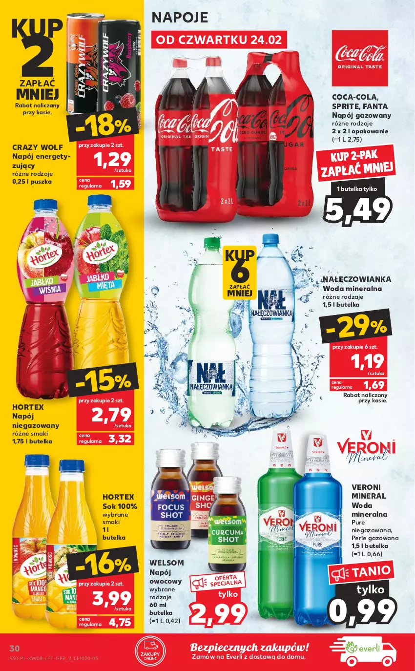 Gazetka promocyjna Kaufland - OFERTA TYGODNIA - ważna 24.02 do 02.03.2022 - strona 30 - produkty: Coca-Cola, Fa, Fanta, Hortex, Nałęczowianka, Napój, Napój gazowany, Napój niegazowany, Napoje, Piec, Pur, Sok, Sprite, Woda, Woda mineralna