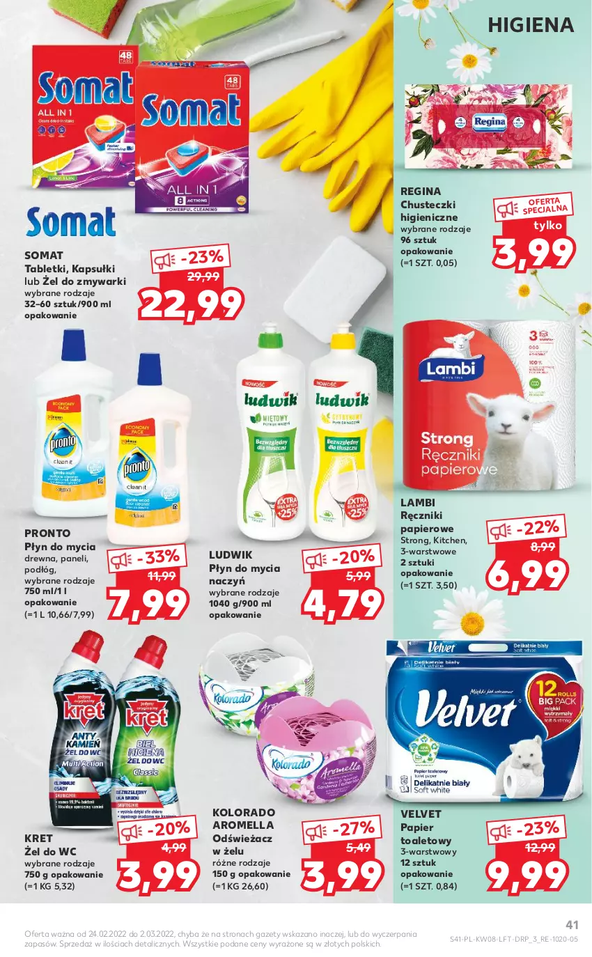 Gazetka promocyjna Kaufland - OFERTA TYGODNIA - ważna 24.02 do 02.03.2022 - strona 41 - produkty: Chusteczki, Do mycia naczyń, Gin, Kolorado, Kret, Ludwik, Papier, Papier toaletowy, Płyn do mycia, Płyn do mycia naczyń, Pronto, Ręcznik, Ręczniki papierowe, Somat, Tablet, Velvet, Zmywarki