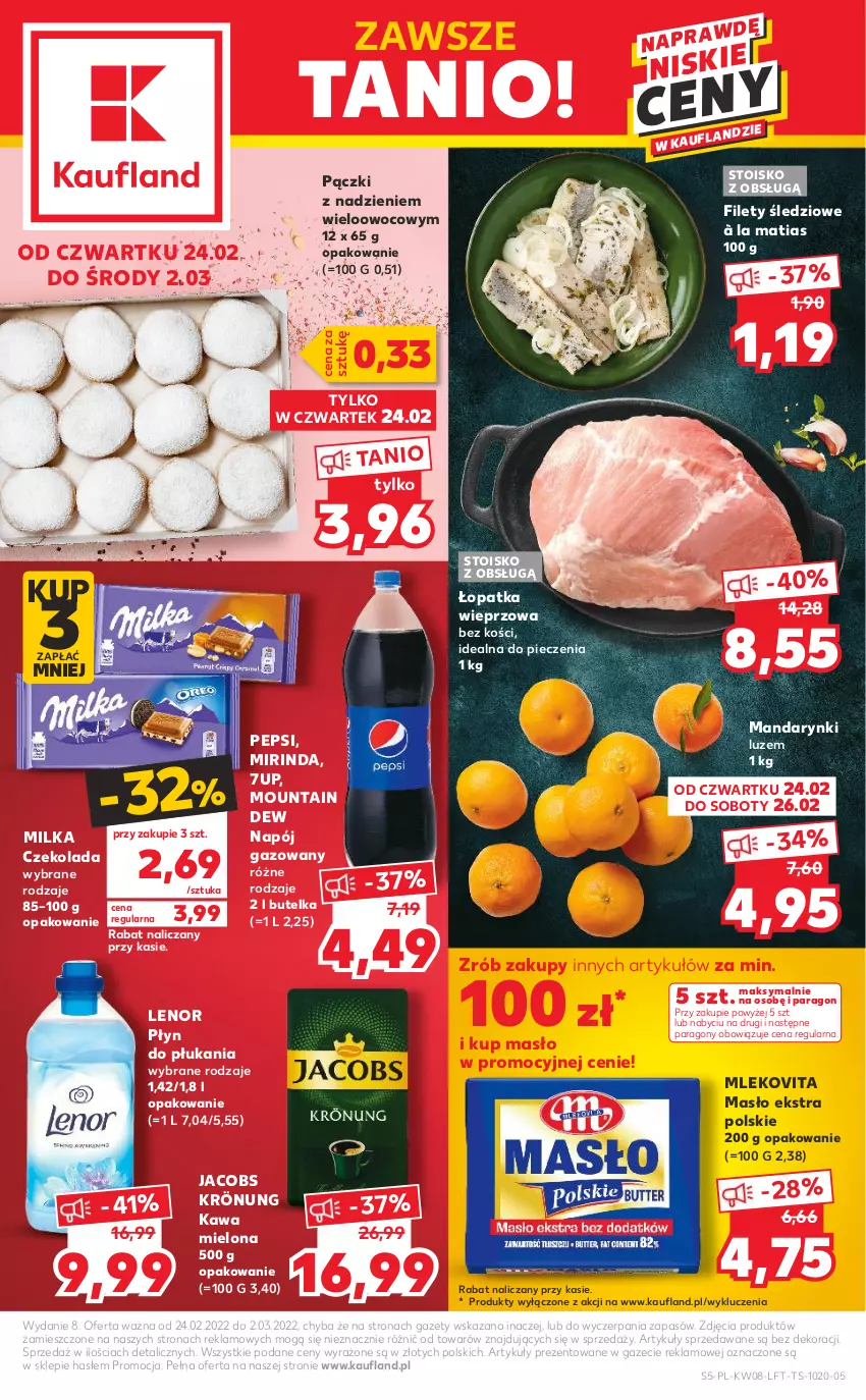 Gazetka promocyjna Kaufland - OFERTA TYGODNIA - ważna 24.02 do 02.03.2022 - strona 5 - produkty: 7up, Czekolada, Jacobs, Jacobs Krönung, Kawa, Kawa mielona, Lenor, Mandarynki, Masło, Milka, Mirinda, Mleko, Mlekovita, Napój, Napój gazowany, Pepsi, Piec, Płyn do płukania