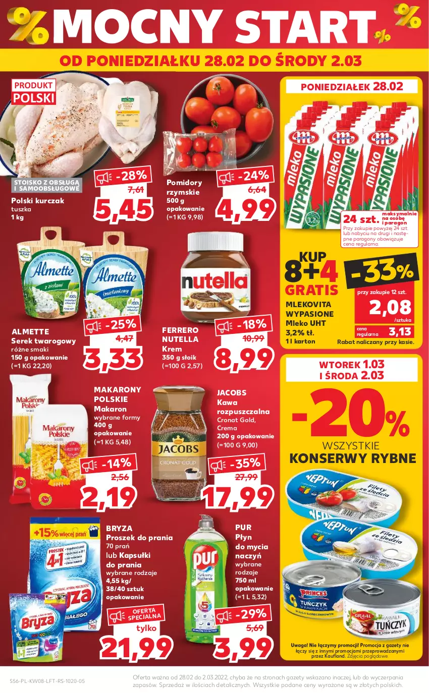 Gazetka promocyjna Kaufland - OFERTA TYGODNIA - ważna 24.02 do 02.03.2022 - strona 56 - produkty: Almette, Bryza, Do mycia naczyń, Ferrero, Gra, Jacobs, Kapsułki do prania, Kawa, Kawa rozpuszczalna, Kurczak, Makaron, Mleko, Mlekovita, Nutella, Płyn do mycia, Płyn do mycia naczyń, Pomidory, Proszek do prania, Pur, Ser, Serek, Serek twarogowy, Tusz, Waga