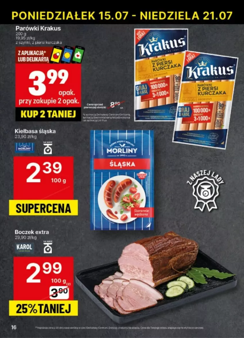 Gazetka promocyjna Delikatesy Centrum - ważna 15.07 do 21.07.2024 - strona 8 - produkty: Boczek, Kiełbasa, Kiełbasa śląska, Krakus, Kurczak, Parówki