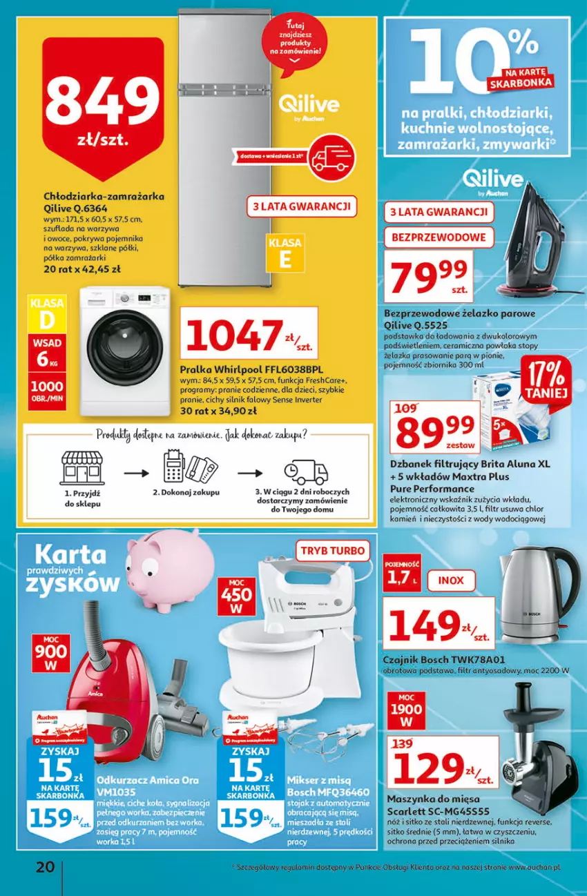 Gazetka promocyjna Auchan - Jesienne hiperokazje Hipermarkety - ważna 04.11 do 10.11.2021 - strona 20 - produkty: Bosch, Brit, Brita, Chłodziarka, Czajnik, Dzieci, Fa, Gra, Maszynka, Owoce, Pojemnik, Pokrywa, Półka, Pralka, Pur, Sitko, Szynka, Top, Tran, Warzywa, Whirlpool, Zamrażarka