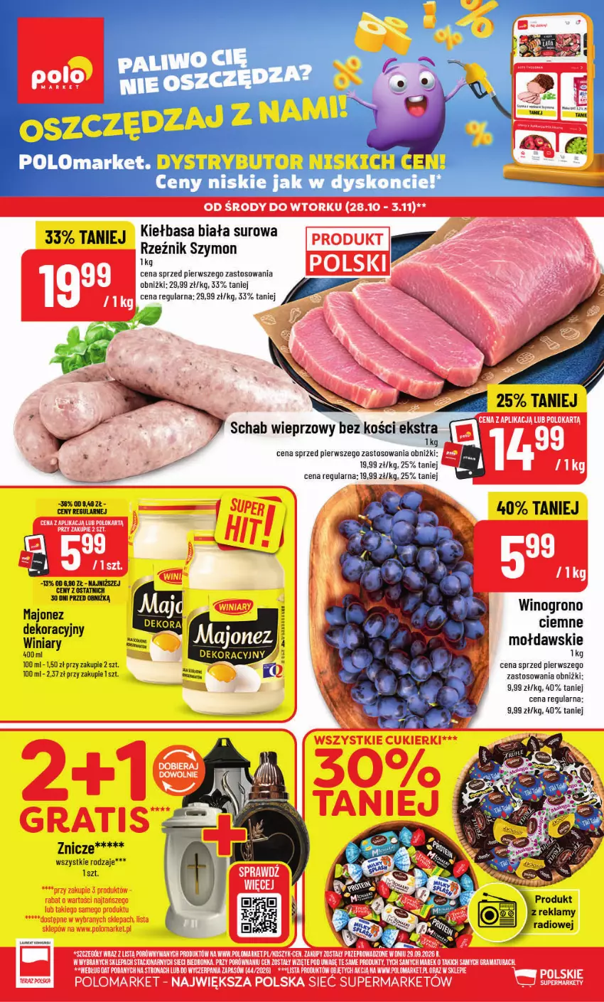 Gazetka promocyjna PoloMarket - Gazetka POLOmarket - ważna 28.10 do 03.11.2026 - strona 1 - produkty: Kiełbasa, Kiełbasa biała, Majonez, Schab wieprzowy, Winiary, Wino, Znicz