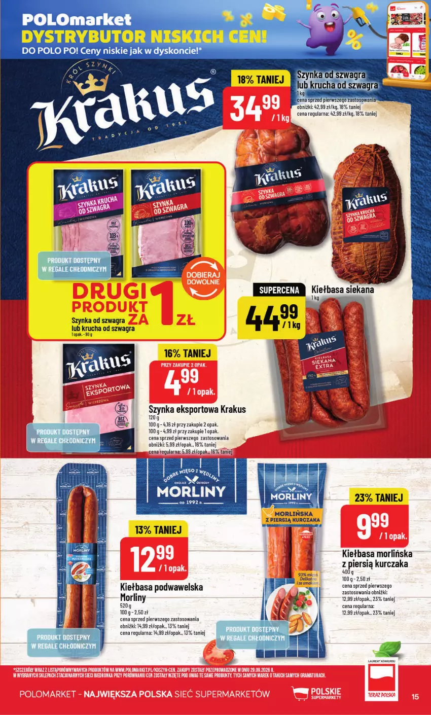 Gazetka promocyjna PoloMarket - Gazetka POLOmarket - ważna 28.10 do 03.11.2026 - strona 15 - produkty: Gra, Kiełbasa, Kiełbasa podwawelska, Krakus, Kurczak, Mięso, Morliny, Por, Sport, Szynka, Wawel