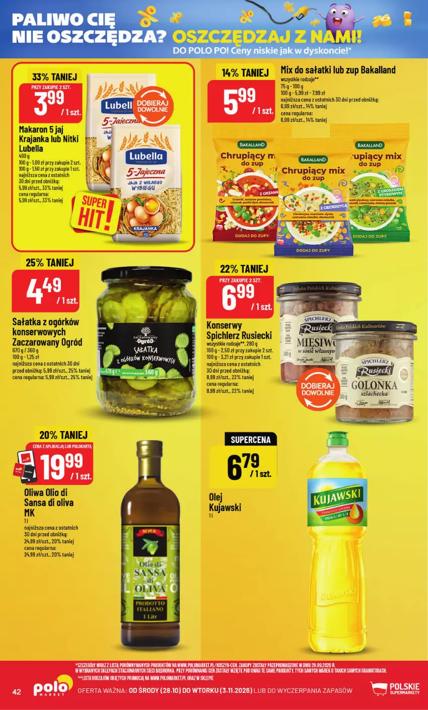 Gazetka promocyjna PoloMarket - Gazetka POLOmarket - ważna 28.10 do 03.11.2026 - strona 42 - produkty: Bakalland, Bell, Bella, Gra, Kosz, Kujawski, Lubella, Makaron, Ogród, Olej, Oliwa, Por, Rama, Sałat, Sałatka, Ser, Spichlerz Rusiecki