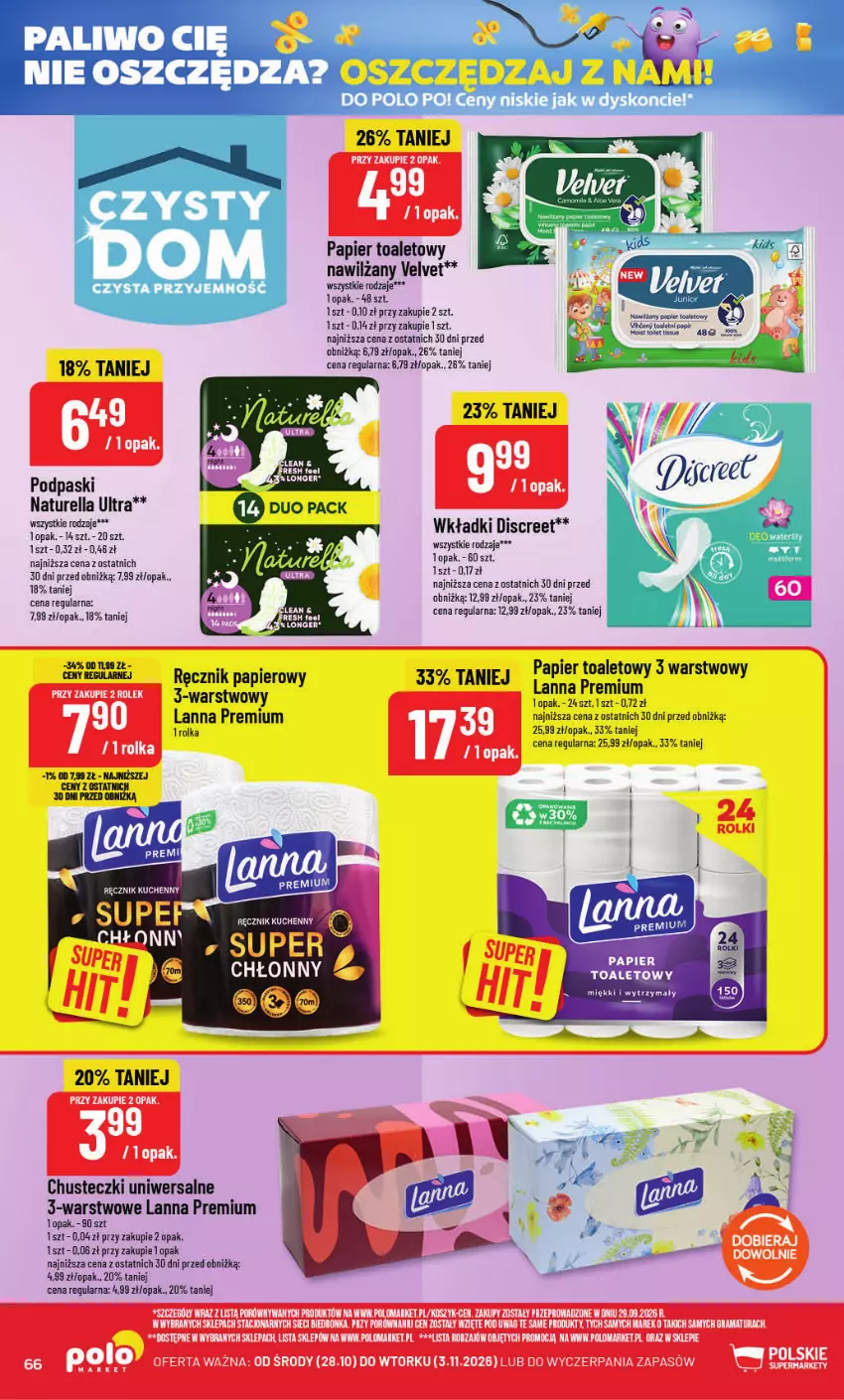 Gazetka promocyjna PoloMarket - Gazetka POLOmarket - ważna 28.10 do 03.11.2026 - strona 66 - produkty: Chusteczki, Discreet, Naturell, Naturella, Papier, Papier toaletowy, Podpaski, Ręcznik, Velvet, Wkładki