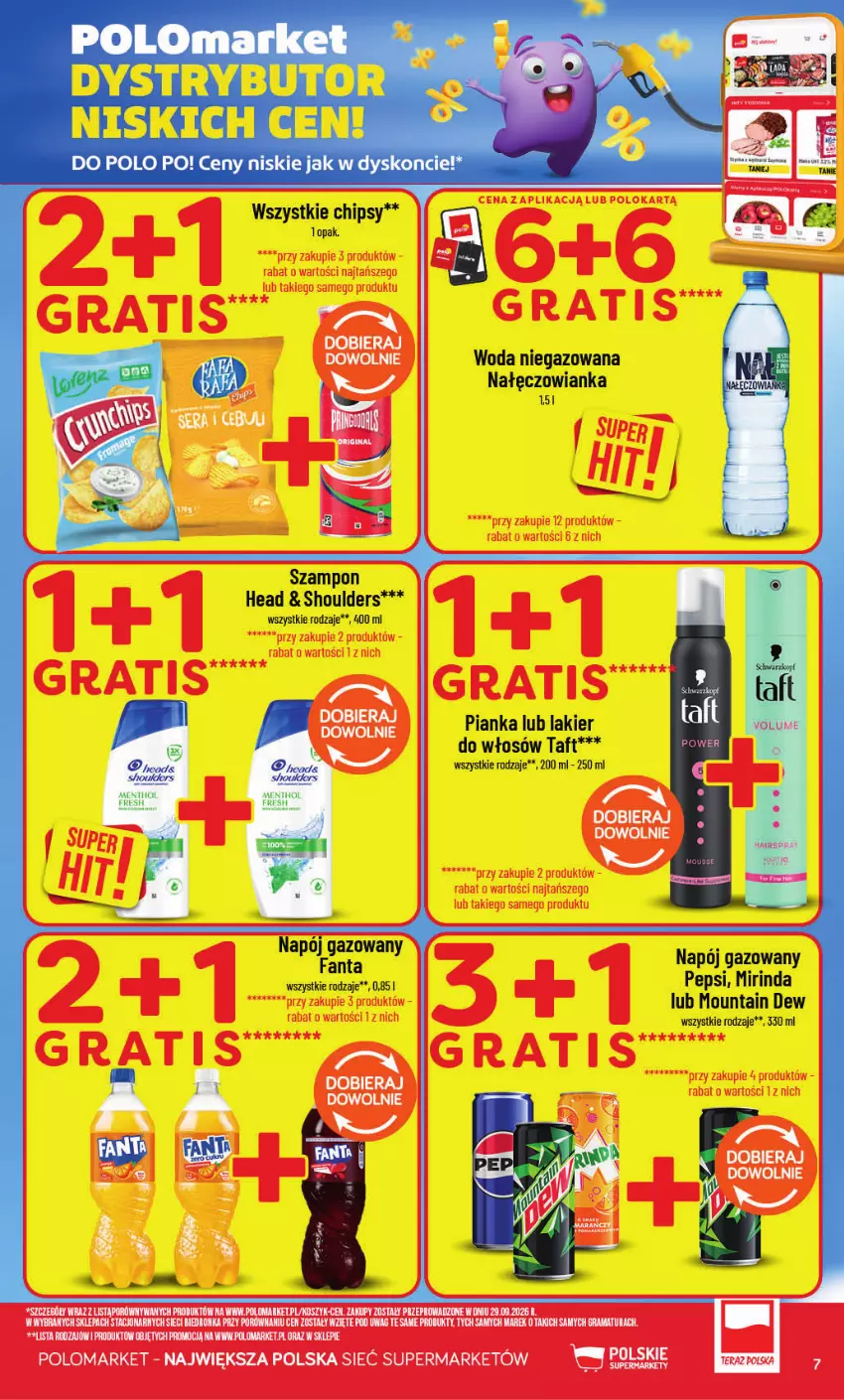 Gazetka promocyjna PoloMarket - Gazetka POLOmarket - ważna 28.10 do 03.11.2026 - strona 7 - produkty: Chipsy, Fa, Fanta, Lakier, Lakier do włosów, Mirinda, Nałęczowianka, Napój, Napój gazowany, Pepsi, Szampon, Taft, Woda, Woda niegazowana