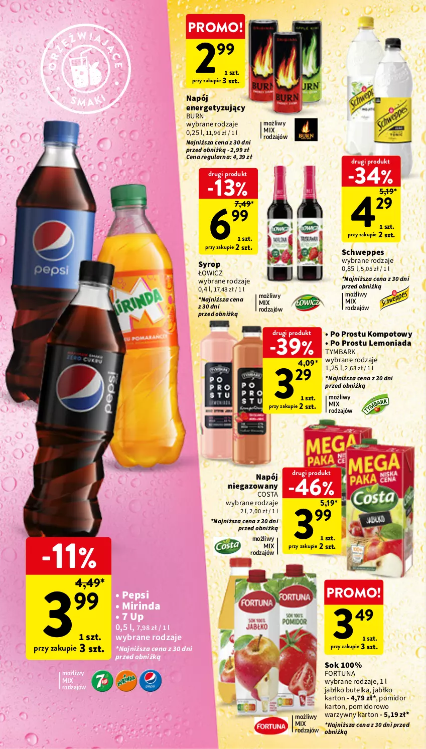 Gazetka promocyjna Intermarche - Gazetka Intermarche - ważna 03.01 do 10.01.2024 - strona 24 - produkty: Fortuna, Lemoniada, Mirinda, Napój, Napój niegazowany, Pepsi, Schweppes, Sok, Syrop, Tymbark