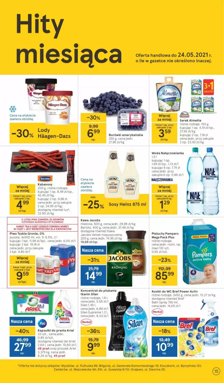 Gazetka promocyjna Tesco - Tesco gazetka - przyszły tydzień - ważna 13.05 do 19.05.2021 - strona 15 - produkty: Almette, Ariel, Bref, Gra, Heinz, Jacobs, Jacobs Velvet, Kabanos, Kawa, Lody, Nałęczowianka, Pampers, Piec, Pieluchy, Piwa, Piwo, Ser, Serek, Silan, Sos, Top, Tyskie, Velvet, Woda