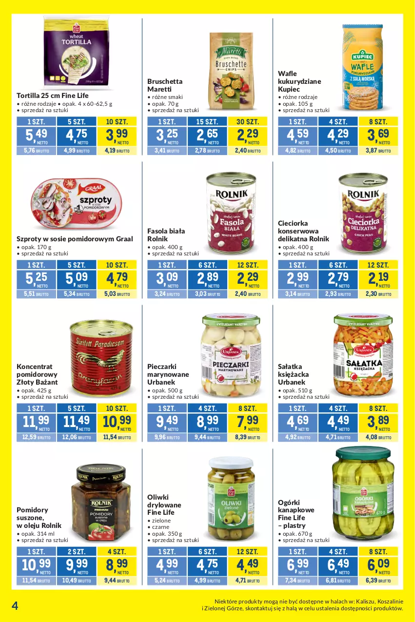 Gazetka promocyjna Makro - Kupujesz więcej płacisz mniej - ważna 04.08 do 31.08.2026 - strona 4 - produkty: Cieciorka, Fa, Fasola, Gra, Graal, Koncentrat pomidorowy, Kosz, Kupiec, Olej, Oliwki, Orka, Piec, Pomidory, Rolnik, Sałat, Sałatka, Ser, Sos, Szal, Szprot, Tortilla, Wafle