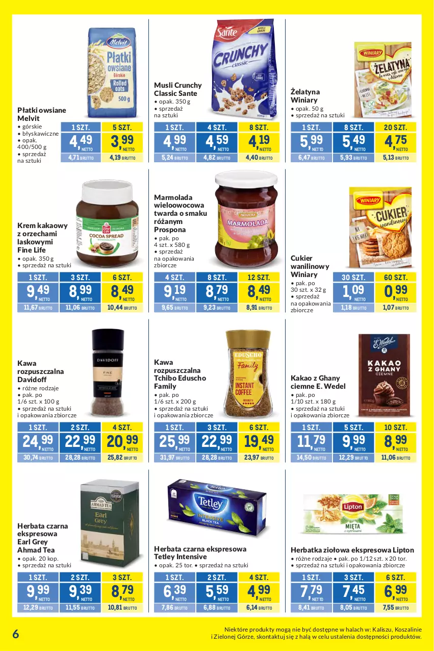 Gazetka promocyjna Makro - Kupujesz więcej płacisz mniej - ważna 04.08 do 31.08.2026 - strona 6 - produkty: Cukier, Cukier wanilinowy, Davidoff, E. Wedel, Earl Grey, Fa, Herbata, Herbata czarna, Kakao, Kawa, Kawa rozpuszczalna, Kosz, Lipton, Marmolada, Melvit, Mola, Mus, Płatki owsiane, Róża, Sante, Szal, Tchibo, Tetley, Winiary