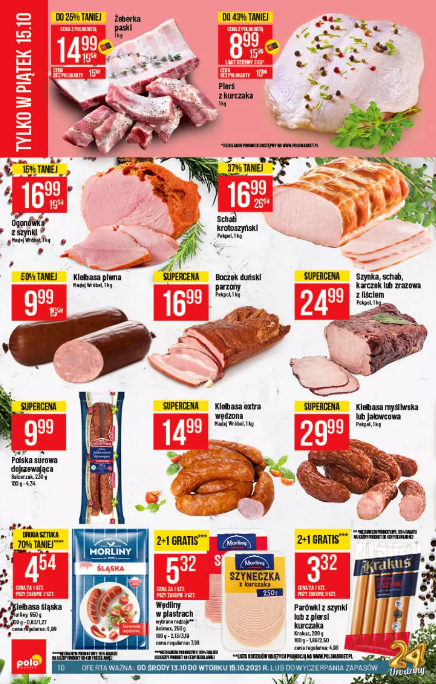 Gazetka promocyjna PoloMarket - Gazetka pomocyjna - ważna 13.10 do 19.10.2021 - strona 10 - produkty: Boczek, Gra, Kiełbasa, Kiełbasa piwna, Kurczak, Madej Wróbel, Parówki, Parówki z szynki, Pekpol, Szynka