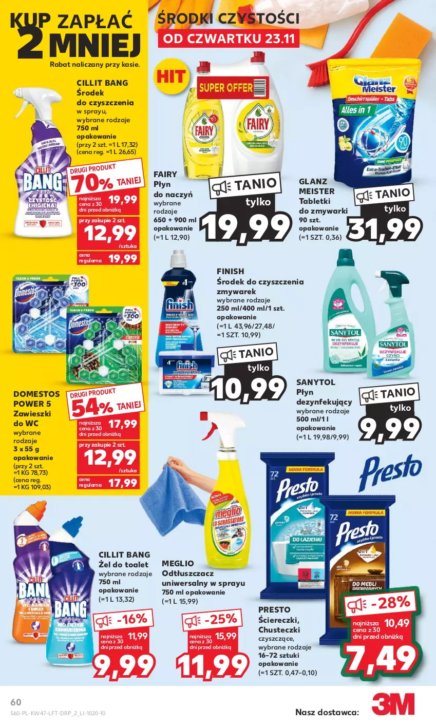 Gazetka promocyjna Kaufland - Gazetka tygodnia - ważna 23.11 do 29.11.2023 - strona 60 - produkty: Chusteczki, Cillit Bang, Domestos, Fa, Fairy, Finish, Odtłuszczacz, Presto, Sanytol, Tablet, Tabletki do zmywarki, Zawieszki, Zmywarki