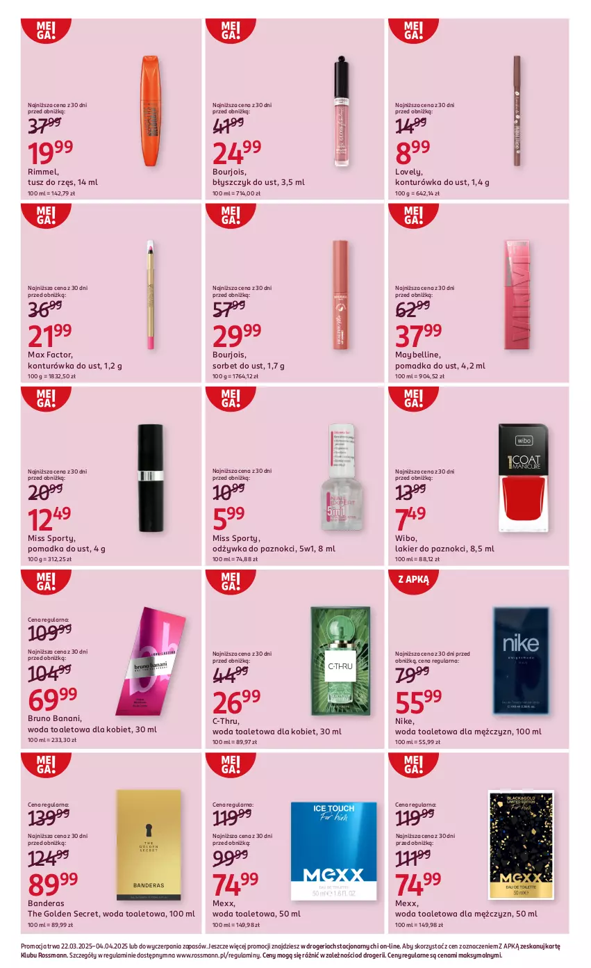 Gazetka promocyjna Rossmann - 22 marca - ważna 22.03 do 04.04.2025 - strona 9 - produkty: Bell, Błyszczyk do ust, Bourjois, Bruno Banani, C-Thru, Fa, Konturówka do ust, Lakier, Lakier do paznokci, Lovely, Max Factor, Maybelline, Mexx, Miss Sporty, Nike, Odżywka, Por, Sport, Tusz, Wibo, Woda, Woda toaletowa