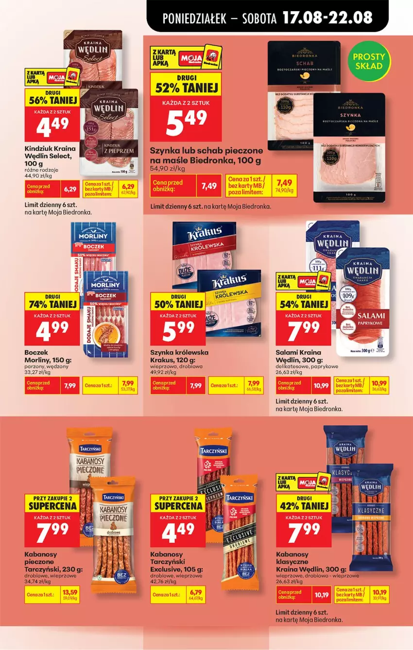 Gazetka promocyjna Biedronka - Od Poniedziałku - ważna 17.08 do 22.08.2026 - strona 49 - produkty: Boczek, Kabanos, Kindziuk, Krakus, Morliny, Piec, Salami, Szynka, Szynka Królewska, Tarczyński