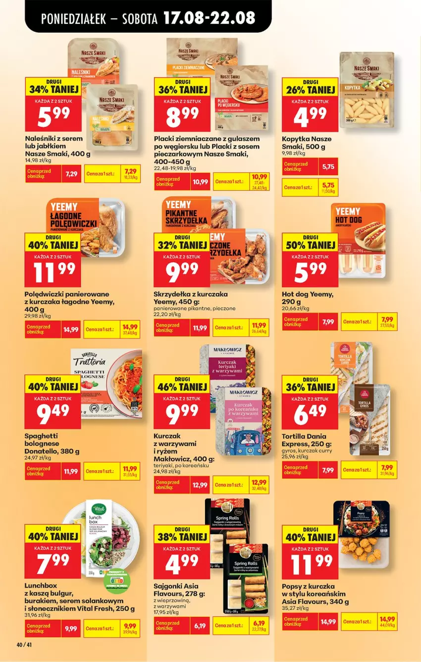 Gazetka promocyjna Biedronka - Od Poniedziałku - ważna 17.08 do 22.08.2026 - strona 56 - produkty: Bulgur, Buraki, Gyros, Hot dog, Kopytka, Kurczak, Lack, LG, Naleśniki, Piec, Polędwiczki panierowane, Sajgonki, Ser, Skrzydełka z kurczaka, Solan, Sos, Spaghetti, Tortilla, Warzywa