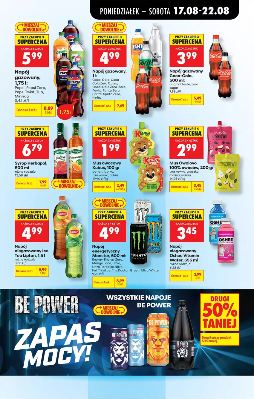 Gazetka promocyjna Biedronka - Od Poniedziałku - ważna 17.08 do 22.08.2026 - strona 69 - produkty: Arbuz, Coca-Cola, Fa, Fanta, Full Throttle, Gin, Herbapol, Ice tea, Kubuś, Lipton, Mango, Mirinda, Mus, Napój, Napój gazowany, Napój niegazowany, Napoje, Oshee, Pepsi, Sprite, Syrop