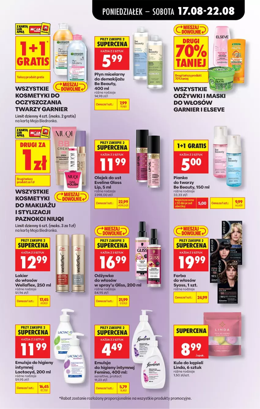 Gazetka promocyjna Biedronka - Od Poniedziałku - ważna 17.08 do 22.08.2026 - strona 75 - produkty: Be Be, Elseve, Emulsja, Eveline, Fa, Farba do włosów, Garnier, Gra, Lactacyd, Lakier, Makijaż, Niuqi, Nuty, Olej, Por, Syoss, Wella, Wellaflex