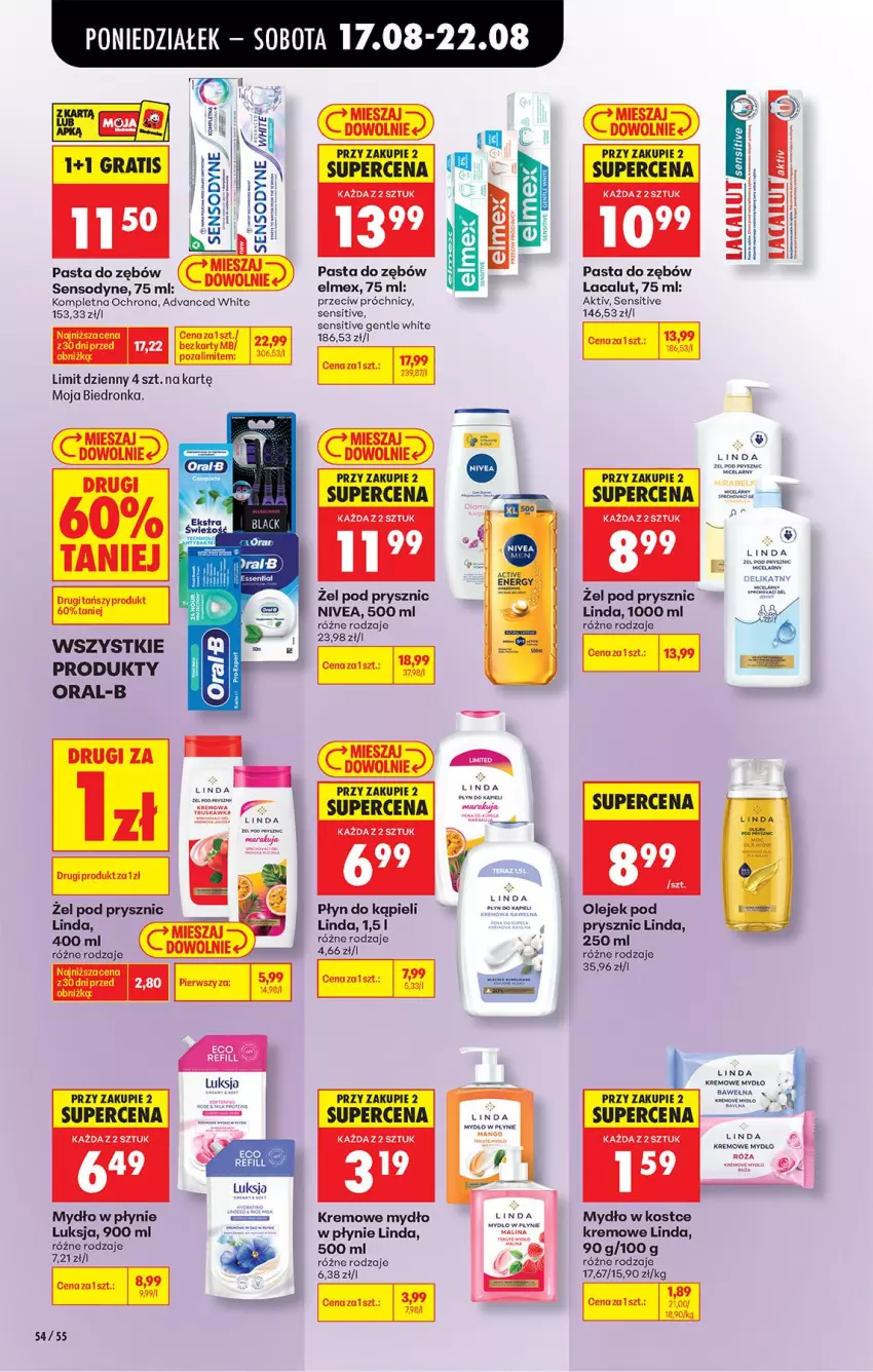 Gazetka promocyjna Biedronka - Od Poniedziałku - ważna 17.08 do 22.08.2026 - strona 76 - produkty: Elmex, Gra, Lacalut, Luksja, Mydło, Mydło w płynie, Nivea, Olej, Pasta do zębów, Płyn do kąpieli, Sensodyne, Ser
