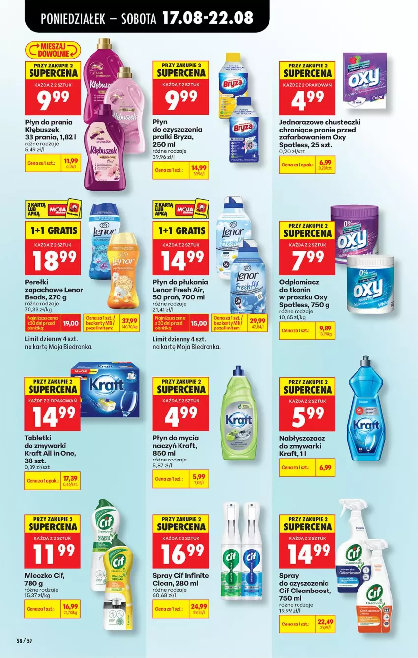 Gazetka promocyjna Biedronka - Od Poniedziałku - ważna 17.08 do 22.08.2026 - strona 82 - produkty: Bryza, Chusteczki, Cif, Do mycia naczyń, Fa, Gra, Lenor, Mleczko, Odplamiacz, Perełki zapachowe, Płyn do mycia, Płyn do mycia naczyń, Płyn do płukania, Płyn do prania, Pralki, Spray do czyszczenia, Tablet, Tabletki do zmywarki, Zmywarki