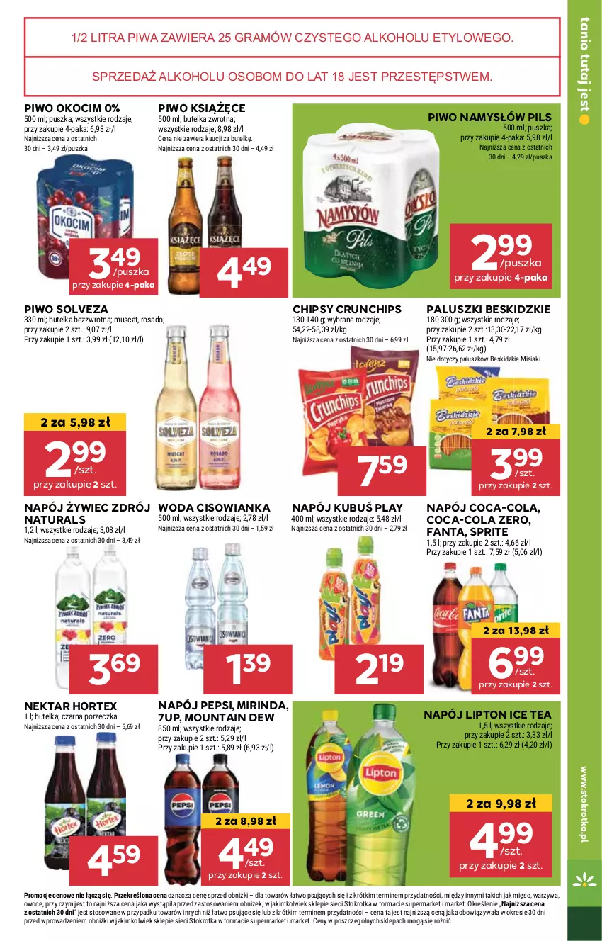 Gazetka promocyjna Stokrotka - Market - ważna 30.04 do 08.05.2024 - strona 15 - produkty: 7up, Beskidzki, Chipsy, Cisowianka, Coca-Cola, Crunchips, Fa, Fanta, Gra, Hortex, Ice tea, Koc, Książęce, Kubuś, Lipton, Mięso, Mirinda, Mus, Namysłów, Napój, Nektar, Okocim, Owoce, Pepsi, Piwa, Piwo, Por, Sprite, Warzywa, Woda