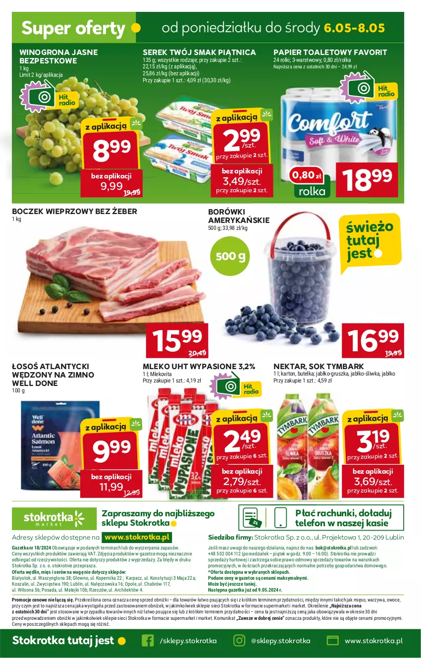 Gazetka promocyjna Stokrotka - Market - ważna 30.04 do 08.05.2024 - strona 18 - produkty: Boczek, Boczek wieprzowy, Dres, Fa, JBL, Mleko, Nektar, Papier, Papier toaletowy, Piątnica, Ser, Serek, Sok, Telefon, Twój Smak, Tymbark, Wino, Winogrona