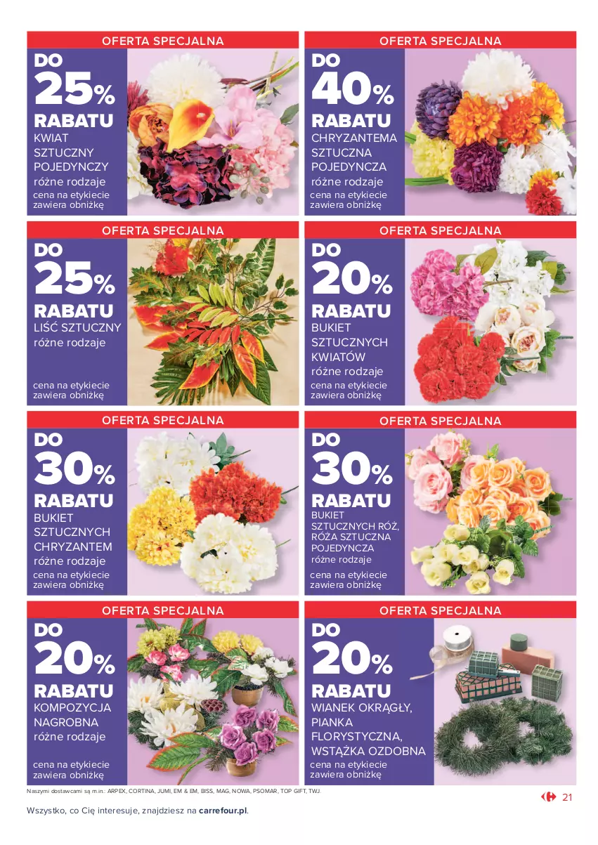 Gazetka promocyjna Carrefour - Gazetka Market Zyskoteka - ważna 26.10 do 07.11.2021 - strona 21 - produkty: Bukiet, Chryzantema, Pianka florystyczna, Róża, Top, Wstążka