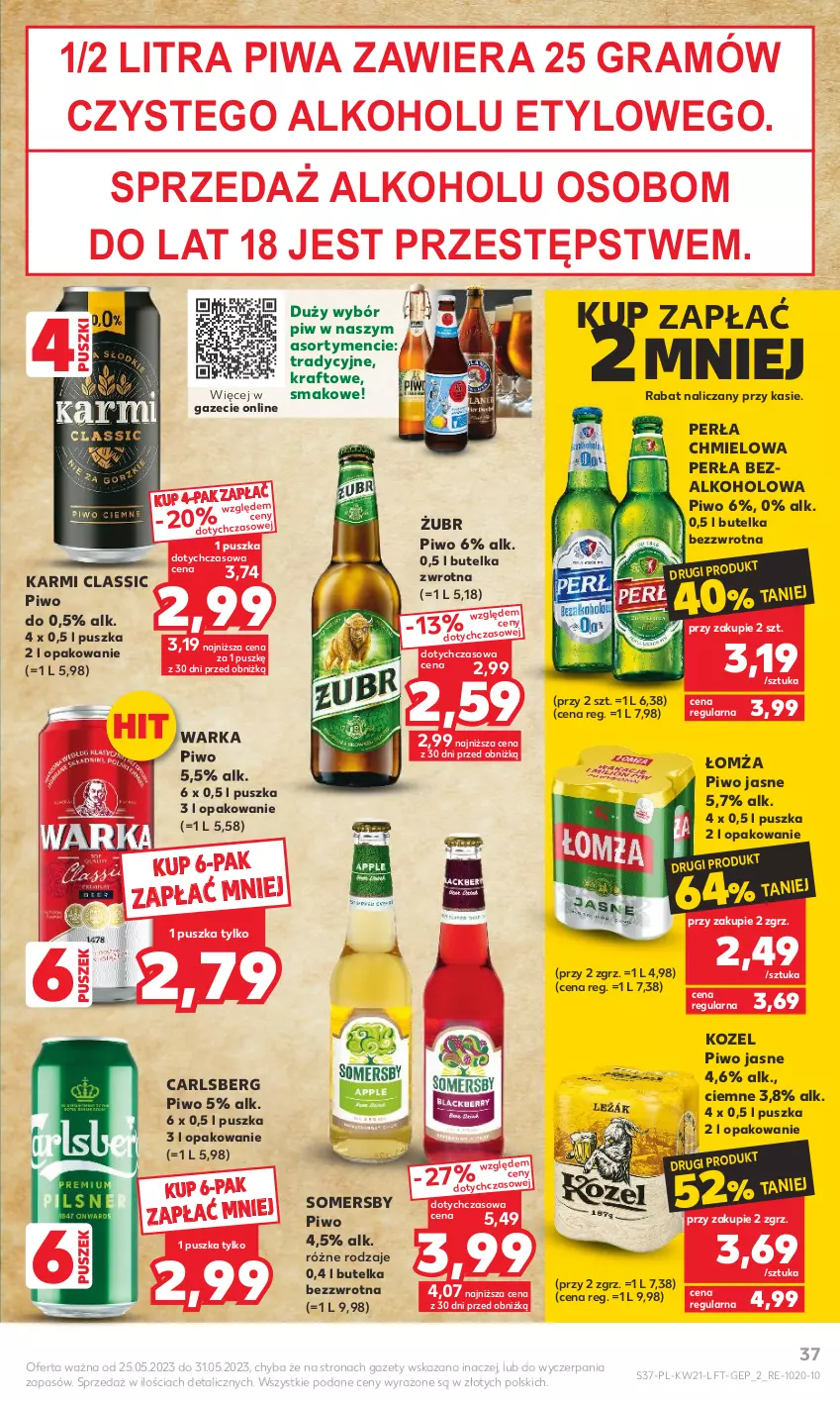 Gazetka promocyjna Kaufland - Gazetka tygodnia - ważna 25.05 do 31.05.2023 - strona 37 - produkty: Carlsberg, Gra, Karmi, Kozel, Perła, Piwa, Piwo, Piwo jasne, Somersby, Warka