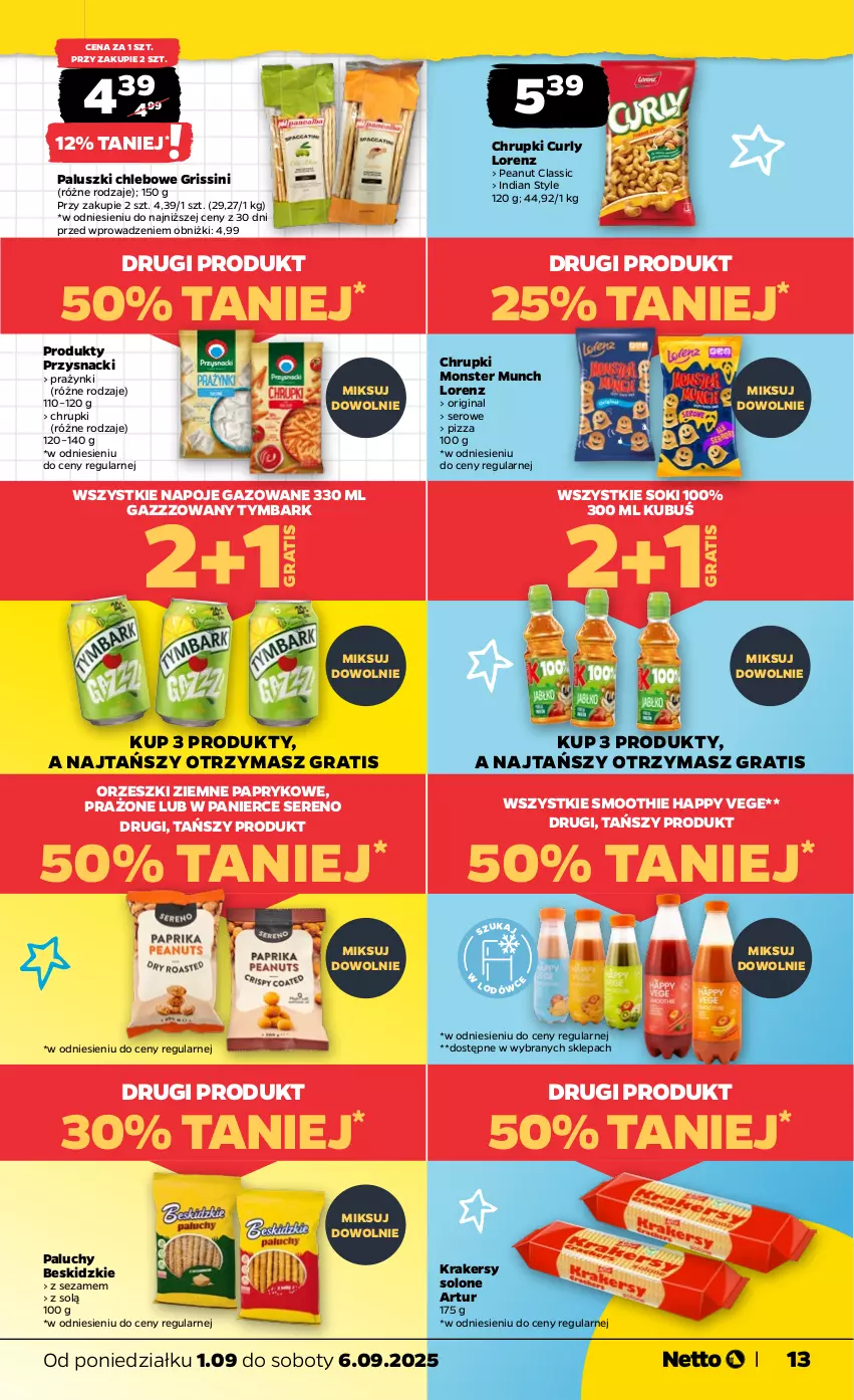 Gazetka promocyjna Netto - Od Poniedziałku - ważna 01.09 do 06.09.2025 - strona 13 - produkty: Artur, Beskidzki, Chleb, Chrupki, Gin, Gra, Grissini, Krakersy, Kubuś, Lorenz, Monster Munch, Napoje, Orzeszki, Orzeszki ziemne, Pizza, Przysnacki, Ser, Sezam, Smoothie, Sok, Tymbark