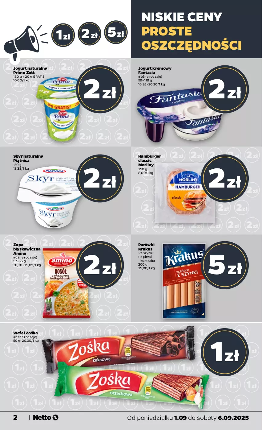 Gazetka promocyjna Netto - Od Poniedziałku - ważna 01.09 do 06.09.2025 - strona 2 - produkty: Burger, Fa, Fanta, Gra, Hamburger, Jogurt, Krakus, Kurczak, Morliny, Parówki, Piątnica, Zott, Zupa