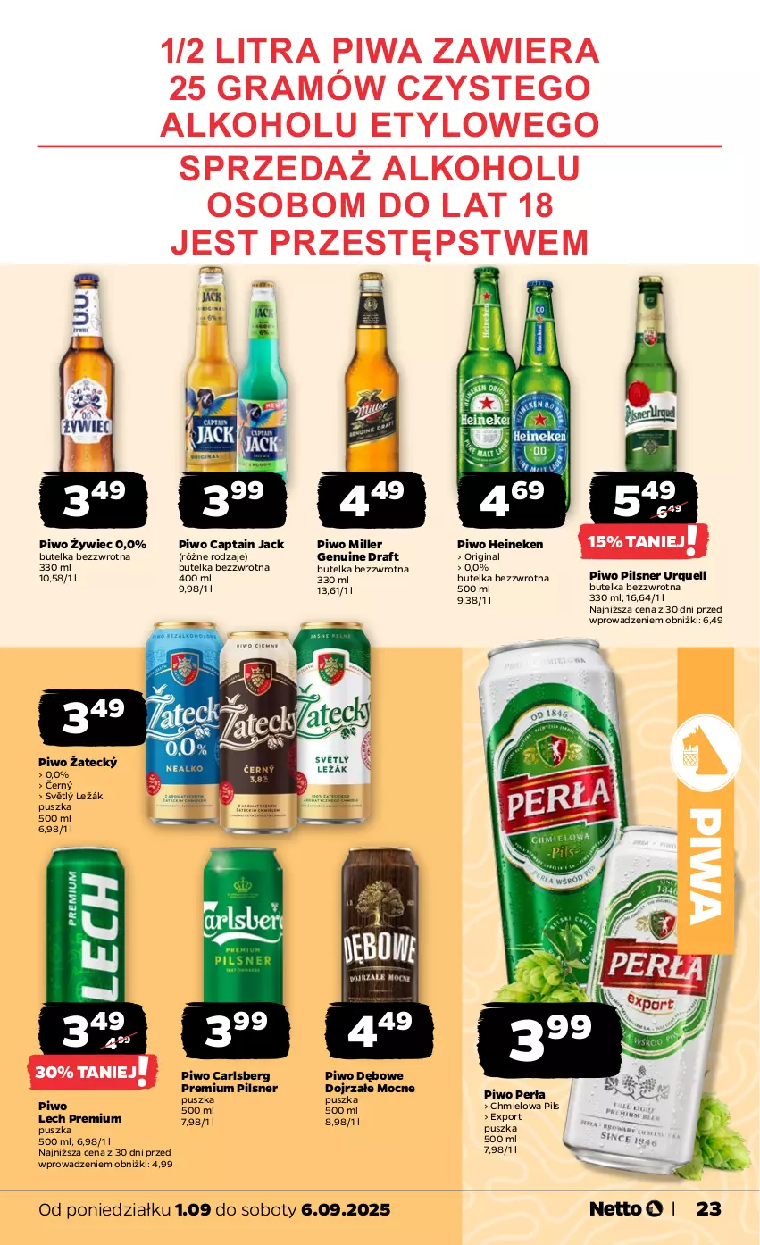 Gazetka promocyjna Netto - Od Poniedziałku - ważna 01.09 do 06.09.2025 - strona 23 - produkty: Captain Jack, Carlsberg, Gin, Gra, Heineken, Lech Premium, Perła, Pilsner Urquell, Piwa, Piwo, Por