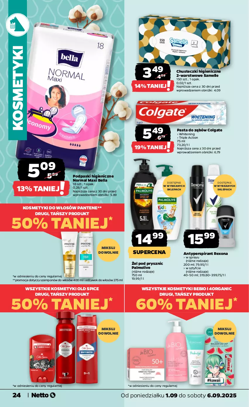 Gazetka promocyjna Netto - Od Poniedziałku - ważna 01.09 do 06.09.2025 - strona 24 - produkty: Antyperspirant, Bell, Bella, Chusteczki, Colgate, LG, Old Spice, Palmolive, Pantene, Pasta do zębów, Podpaski, Rexona, Szampon