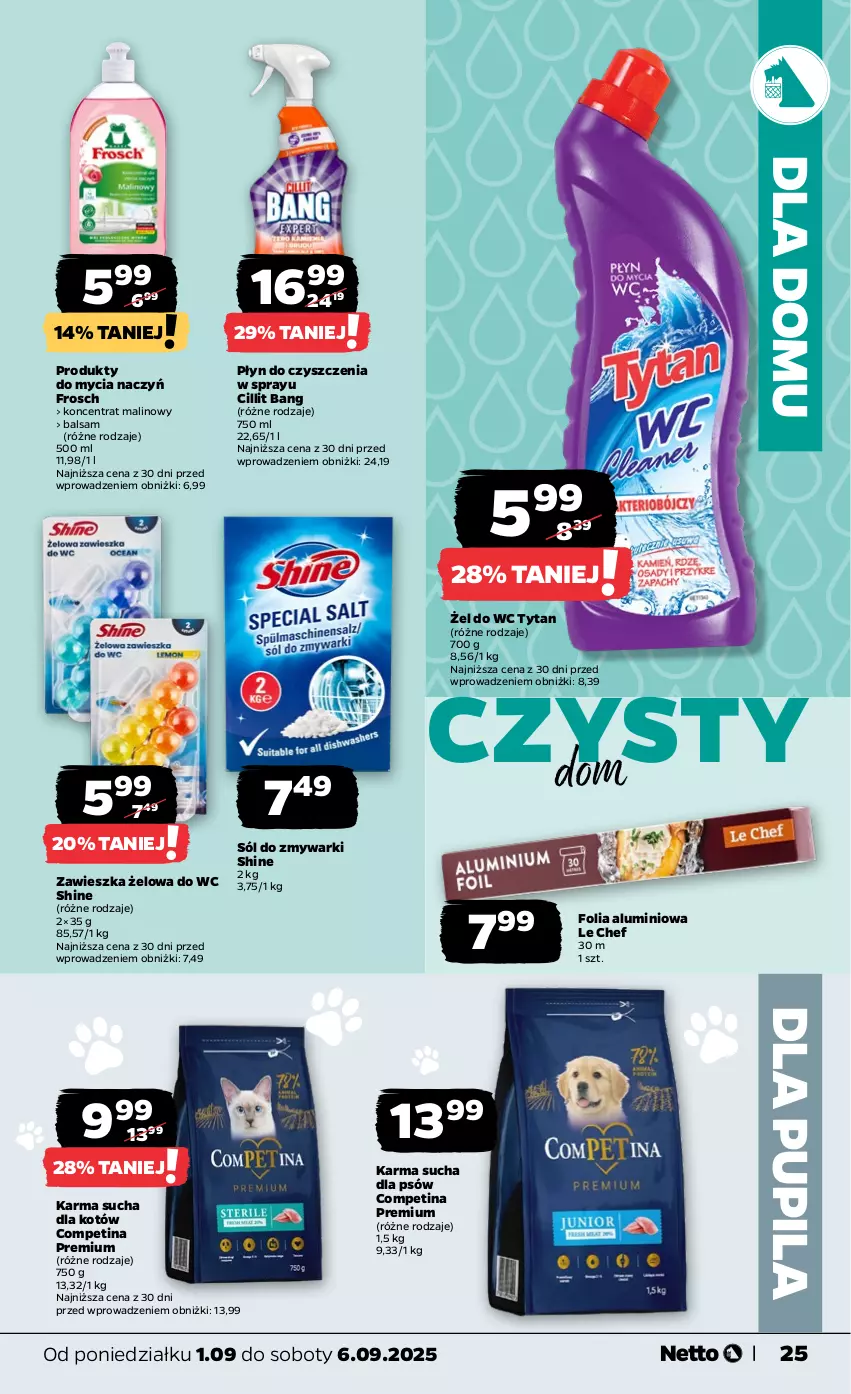 Gazetka promocyjna Netto - Od Poniedziałku - ważna 01.09 do 06.09.2025 - strona 25 - produkty: Cillit Bang, Do mycia naczyń, Folia aluminiowa, Frosch, Sól, Tytan, Zmywarki