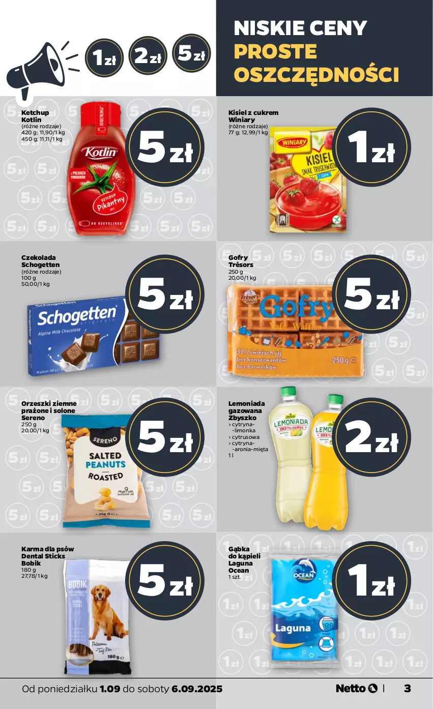 Gazetka promocyjna Netto - Od Poniedziałku - ważna 01.09 do 06.09.2025 - strona 3 - produkty: Aronia, Czekolada, Gofry, Ketchup, Kisiel, Kotlin, Lemoniada, Limonka, Mięta, Orzeszki, Schogetten, Ser, Winiary