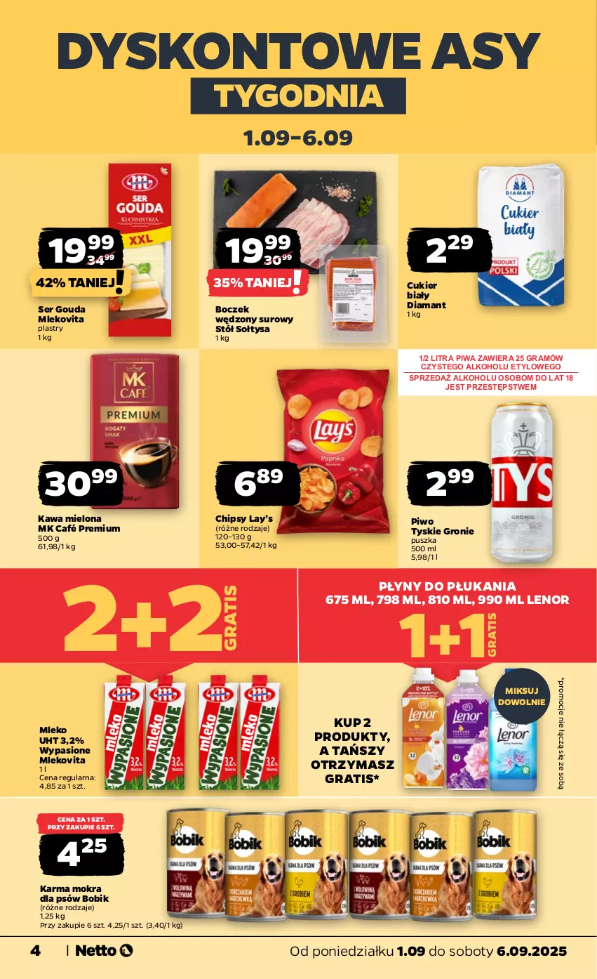 Gazetka promocyjna Netto - Od Poniedziałku - ważna 01.09 do 06.09.2025 - strona 4 - produkty: Boczek, Chipsy, Cukier, Diamant, Gouda, Gra, Kawa, Kawa mielona, Lay’s, Lenor, Mleko, Mlekovita, Piwa, Piwo, Ser, Stół, Tyskie