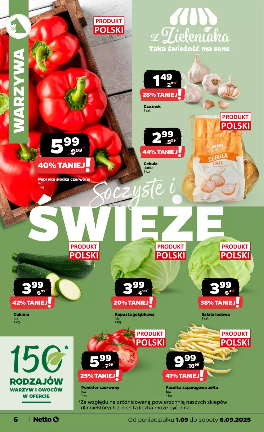 Gazetka promocyjna Netto - Od Poniedziałku - ważna 01.09 do 06.09.2025 - strona 6 - produkty: Cebula, Czosnek, Fa, Papryka, Papryka słodka, Sałat, Sałata lodowa, Siatka, Warzywa