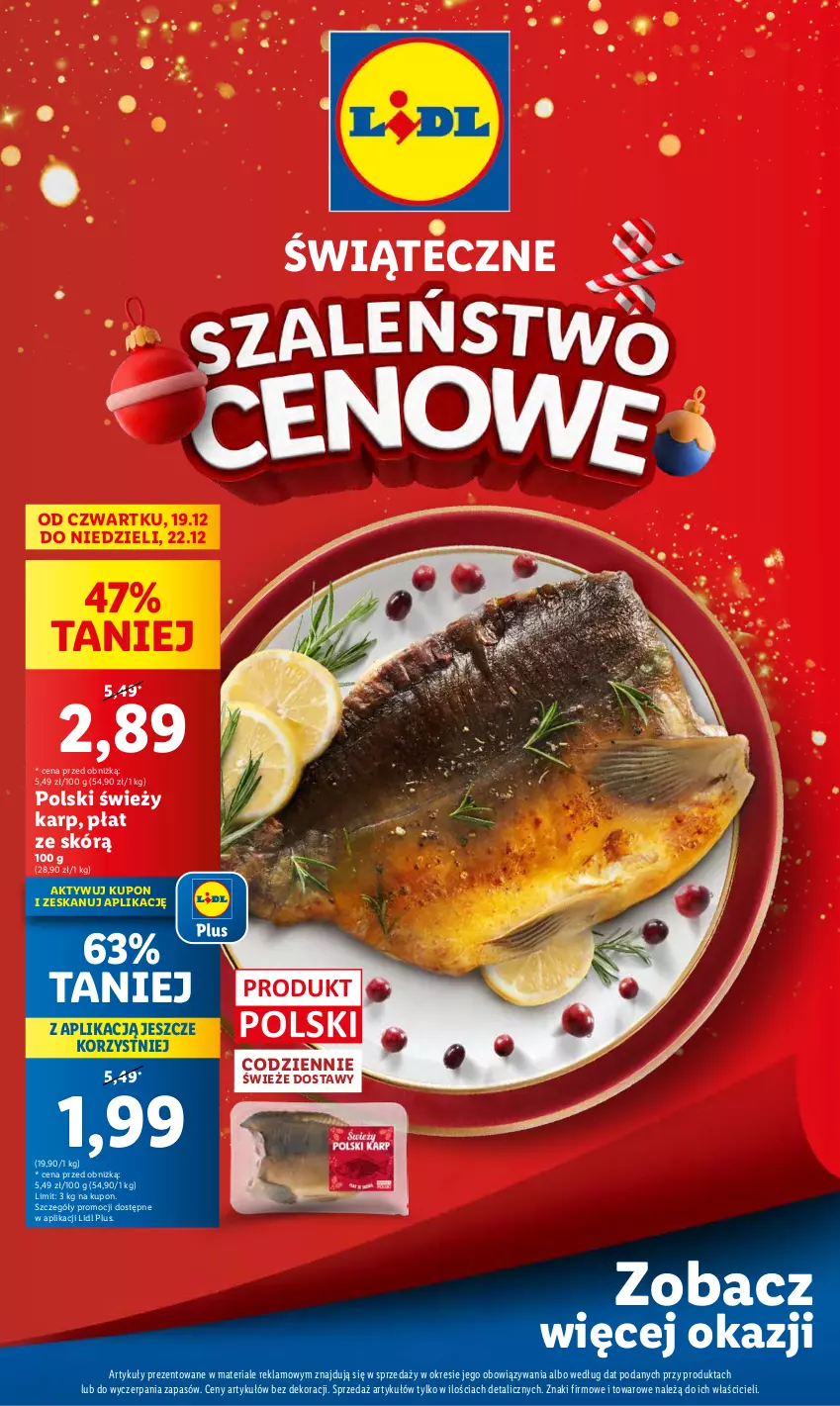 Gazetka promocyjna Lidl - Świąteczne szaleństwo cenowe - ważna 19.12 do 22.12.2024 - strona 1 - produkty: Karp