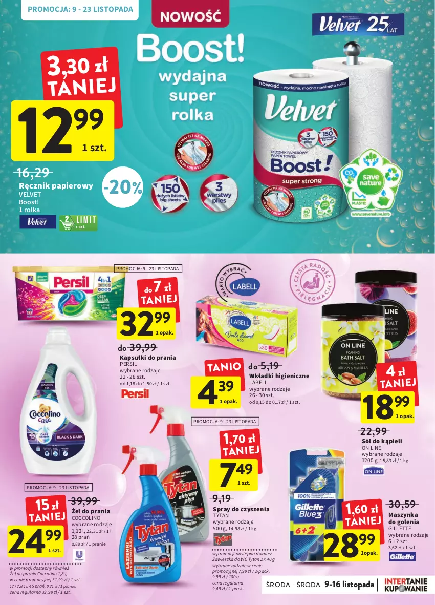 Gazetka promocyjna Intermarche - Gazetka Intermarche - ważna 09.11 do 15.11.2022 - strona 34 - produkty: Bell, Coccolino, Gillette, Kapsułki do prania, Maszynka, Maszynka do golenia, Papier, Persil, Ręcznik, Sól, Sól do kąpieli, Szynka, Top, Tytan, Velvet, Wkładki, Zawieszka do wc