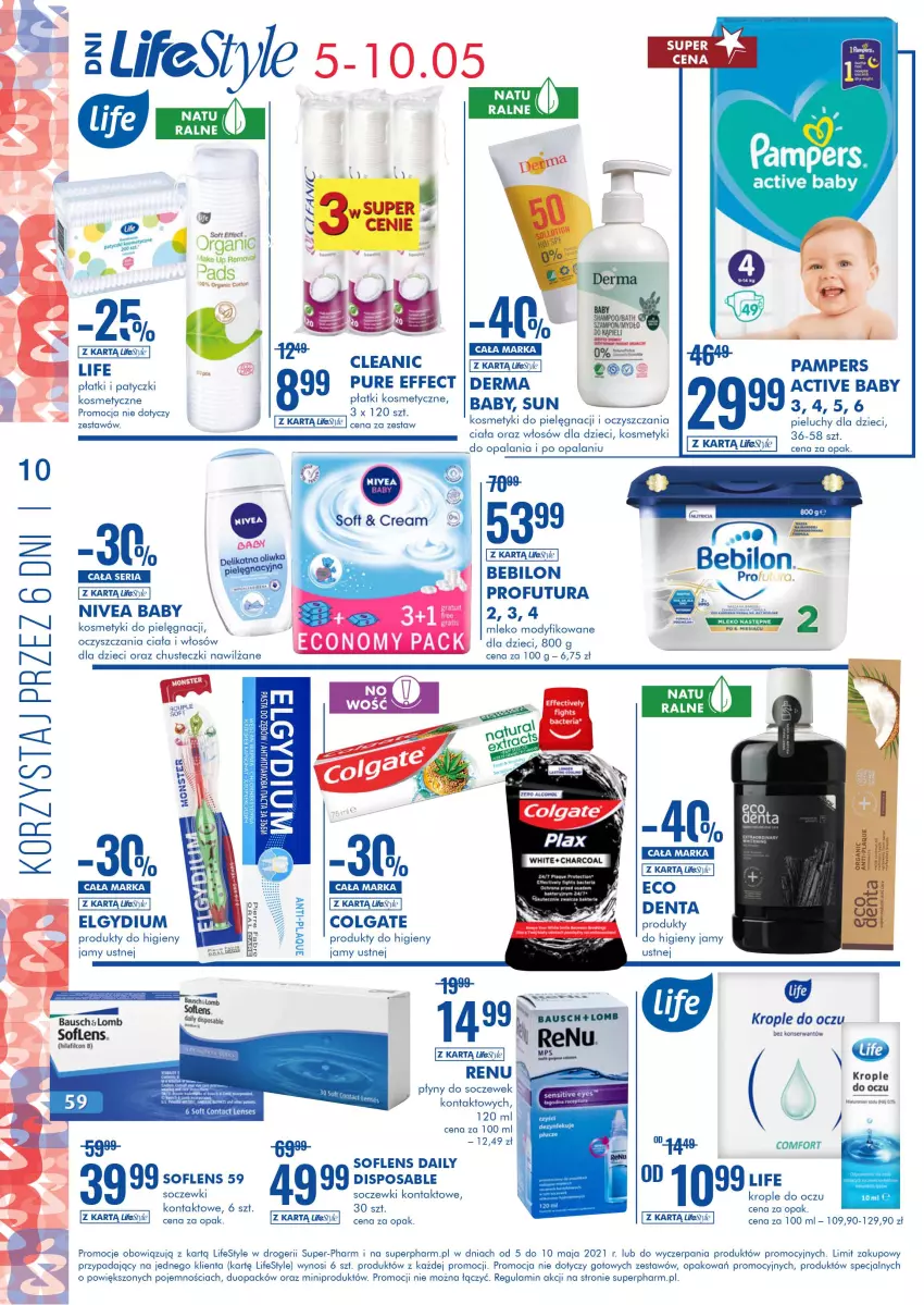 Gazetka promocyjna Super Pharm - Gazetka - ważna 05.05 do 10.05.2021 - strona 10 - produkty: BIC, Chusteczki, Chusteczki nawilzane, Cleanic, Colgate, Dzieci, Fa, Kosmetyczne płatki, Kosmetyki do pielęgnacji, Krople do oczu, LG, Mleko, Mleko modyfikowane, Mydło, Nivea, Nivea Baby, Pampers, Pieluchy, Płatki kosmetyczne, Pur, Ser, Soczewki kontaktowe