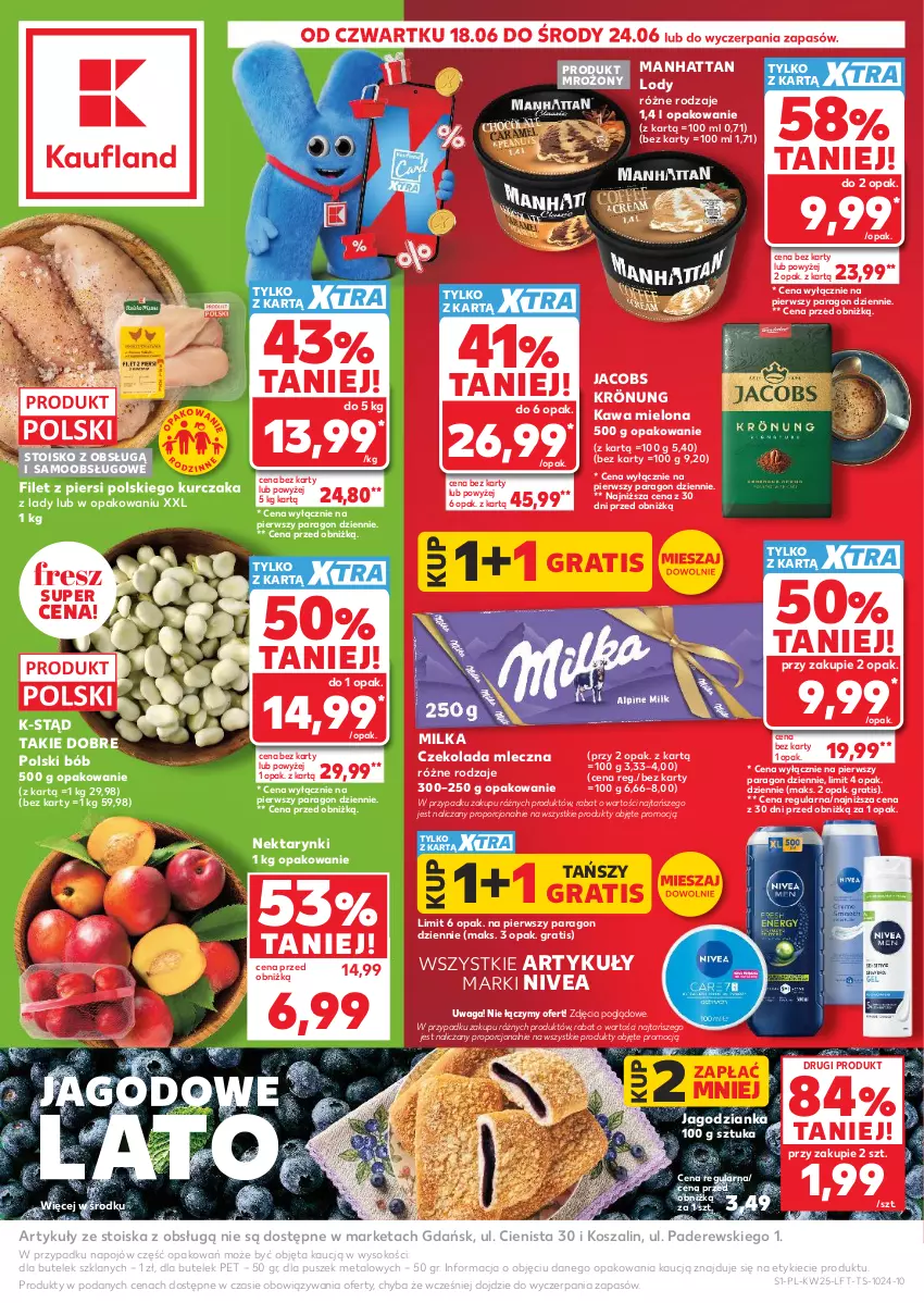 Gazetka promocyjna Kaufland - Gazetka tygodnia - ważna 18.06 do 24.06.2026 - strona 1 - produkty: Czekolada, Czekolada mleczna, Gra, Jacobs, Jacobs Krönung, Jagodzianka, Kawa, Kawa mielona, Kosz, Kurczak, Lody, Milka, Nektar, Nivea, Por, Sok, Szal, Waga