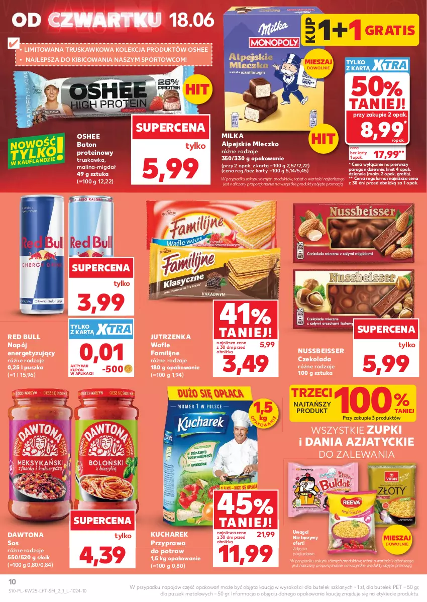 Gazetka promocyjna Kaufland - Gazetka tygodnia - ważna 18.06 do 24.06.2026 - strona 10 - produkty: Baton, BIC, Czekolada, Dawtona, Fa, Gra, Jutrzenka, Kucharek, Milka, Mleczko, Napój, Oshee, Por, Przyprawa do potraw, Red Bull, Ser, Sok, Sos, Sport, Wafle, Waga