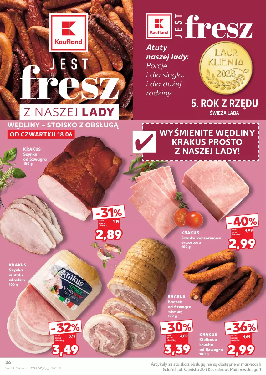 Gazetka promocyjna Kaufland - Gazetka tygodnia - ważna 18.06 do 24.06.2026 - strona 26 - produkty: Boczek, Gra, Kiełbasa, Kiełbasa krucha, Kosz, Krakus, Por, Ser, Sport, Szal, Szynka, Szynka konserwowa