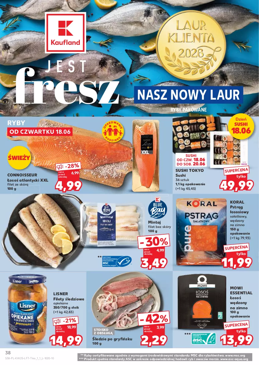 Gazetka promocyjna Kaufland - Gazetka tygodnia - ważna 18.06 do 24.06.2026 - strona 38 - produkty: Gry, Laur, Lisner, Mintaj, Pstrąg, Pstrąg łososiowy, Sałat, Sos, Sushi
